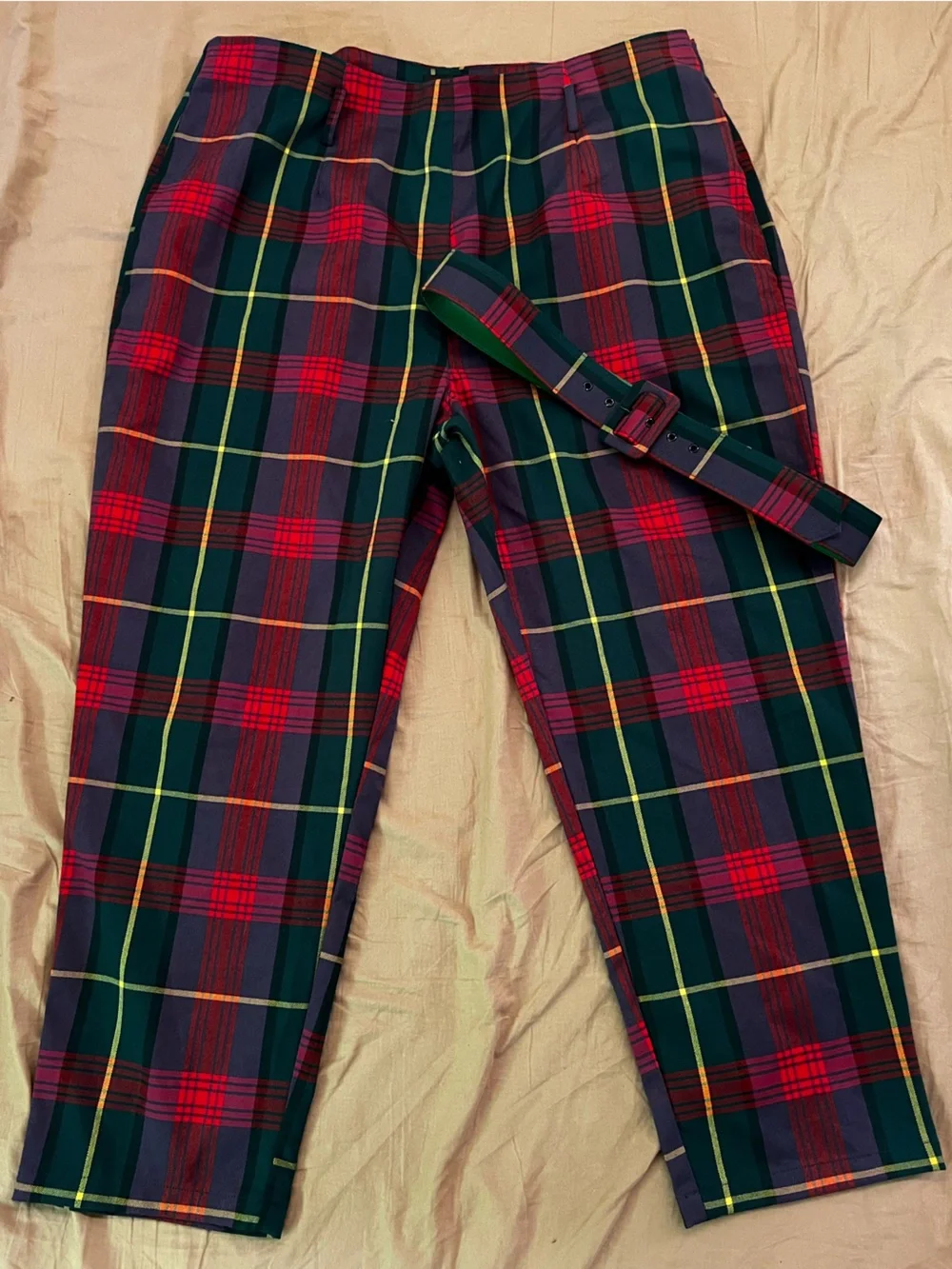 Collectif Red and Green Tartan Wide Leg Trousers with Belt